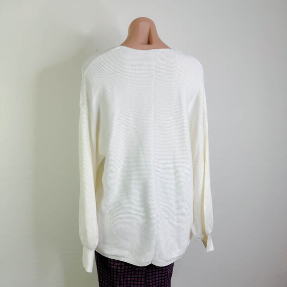 1 State V Neck Ribbed Knit Balloon Sleeve Pullover Sweater White Cream Large NWT - Picture 8 of 12